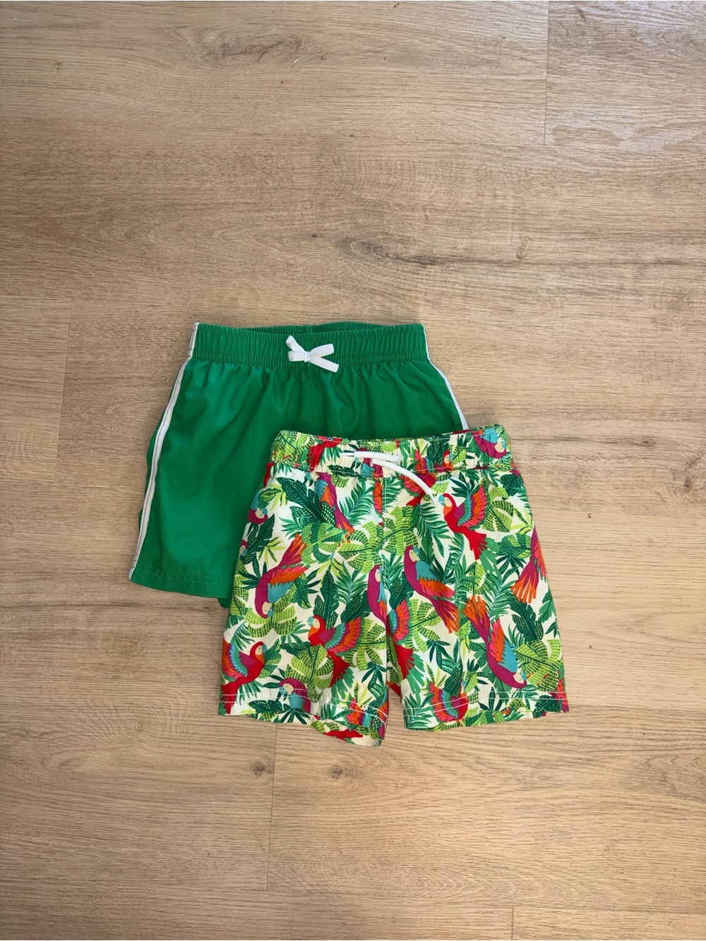 Green Kids' Swim Trunks with White Drawstring and Stripe